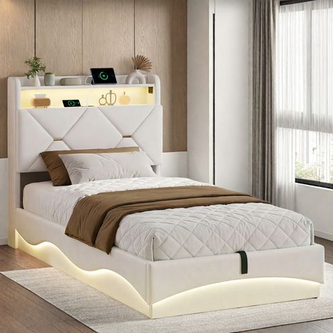 Lit simple/enfant 90 x 200–Lit coffre avec sommier lattes–Tête de lit capitonnée avec rangement–Ports 2 USB et Type-C–Bande lumineuse LED–Velour beige