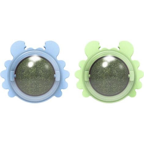 Lot de 2 balles d'herbe à chat pour lécher les chats, rotatives à 360°, crabe, boule de menthe interactive avec couvercle, pour nettoyer les dents (vert, bleu) (1/5)