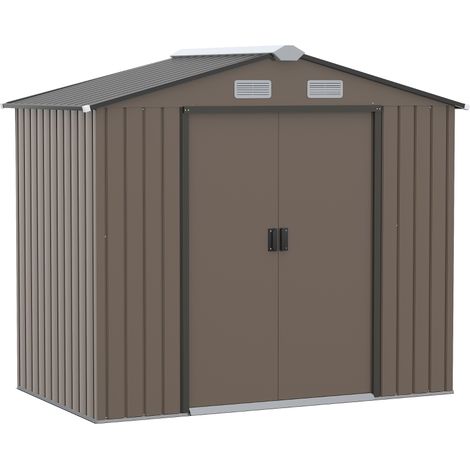 7 x 4ft Metal Garden Shed, Outdoor Storage Tool House with Ventilation Slots, Foundation Kit and Lockable Double Doors, Brown