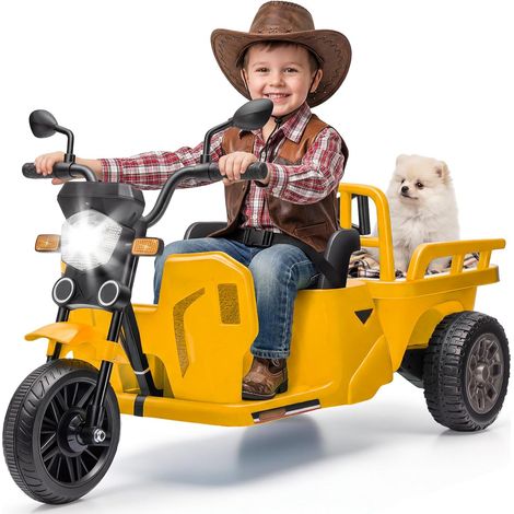 12V Moto Électrique Enfants avec Remorque et Benne-Pelle, Musique et Bluetooth, Tuk-Tuk Électrique Enfant Voyant D'alimentation, LED, USB&AUX, 3+ Ans(Jaune) (1/5)