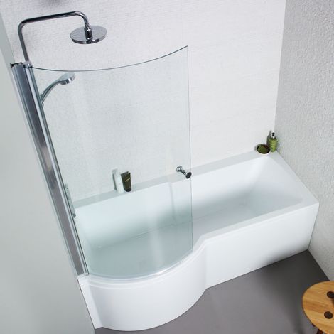 Kartell 1700 x 850mm Acrylic Square P Shaped Shower Bath + Shower Screen - Left Hand (1/2)