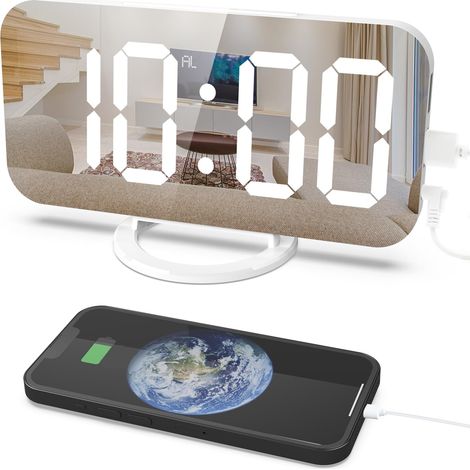 Reloj despertador digital con cargador USB doble, regulador de brillo ajustable, función de repetición de alarma, pantalla LED para personas con sueño profundo, color blanco. (1/5)