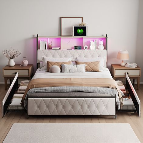 Lit 180x200 avec Tête de lit Rangement, lit double avec LED et USB, cadre de lit avec 4 tiroirs, lit avec sommier, beige