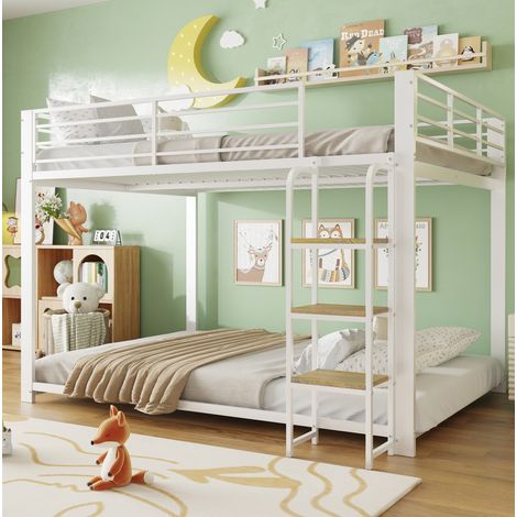 Litera 140/200 cm en blanco de MDF y metal con escalera de madera y gran capacidad (1/5)