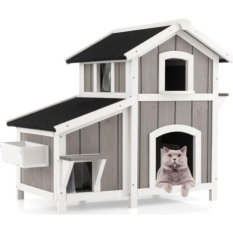 Costway – Maisonnette pour chat extérieur 2 étages – 3 compartiments – Toit en asphalte – Rideaux en PVC – Accès multiple – Dimensions 100 x 64 x 82,5 cm