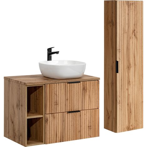 Ensemble meuble simple vasque 80cm 2 niches et colonne Adriel Bois (1/5)