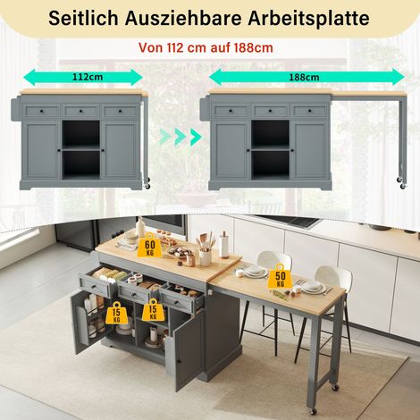 Îlot de cuisine roulant escamotable, table extensible avec étagère à épices et tiroirs, meuble dînatoire mobile sur roulettes, parfait pour cuisine et salle à manger (Gris) (1/5)
