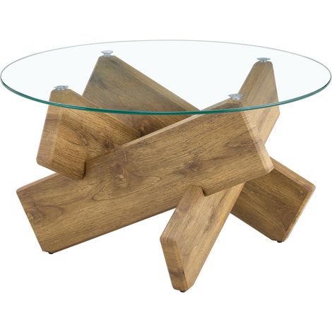 Table basse ronde en MDF et verre, 79 cm, design croisé moderne, plateau transparent facile à nettoyer, idéale pour salon contemporain  CHICFURN (1/5)
