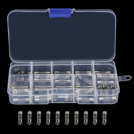 Lot de 50 fusibles rapides en verre, 10 valeurs différentes, 20 mm, pour boîte à fusibles. (1/5)