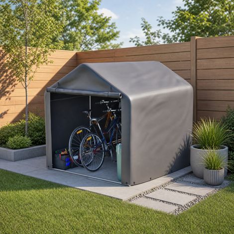 Garage per biciclette da esterno in metallo e PE grigio 160x220x165 cm con roll-up frontale e prese d'aria