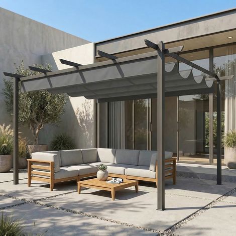 Pérgola de Jardín 4x3 m con Techo Retráctil Estructura de Aluminio UPF30+ Orificios de Drenaje Pabellón Exterior Gris