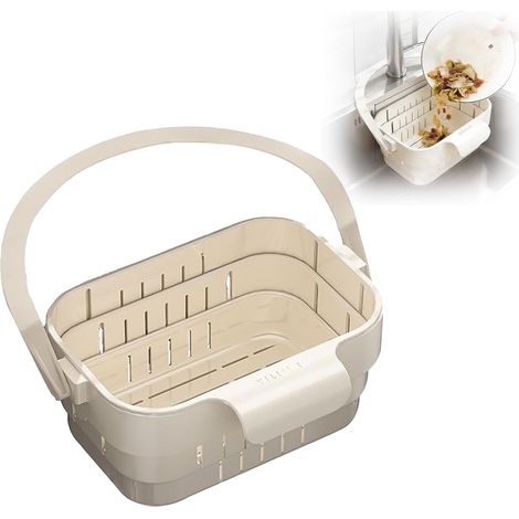 Égouttoir pliable avec passoire intégrée  Passoire de cuisine suspendue  Support de rangement multifonctionnel pour robinet  Égouttoir à légumes (blanc crème) (1/5)