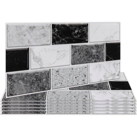 Set of 12 black and white tile stickers (30 x 15 cm) for bathroom and kitchen, kitchen backsplash, waterproof wall tiles (1/5)