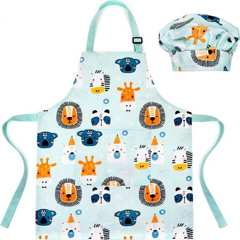 Tablier réglable pour enfant de 3 à 6 ans, avec poches, pour cuisine, pâtisserie, peinture, fête, Tablier bleu et toque de chef, S (1/5)