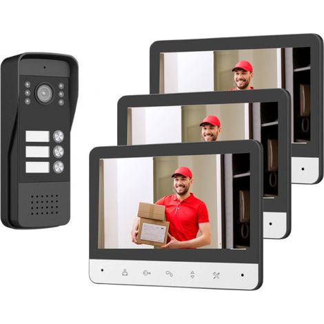 Kit Videocitofono 3 Famiglie Monitor Schermo 7" Vivavoce Telecamera Notturna