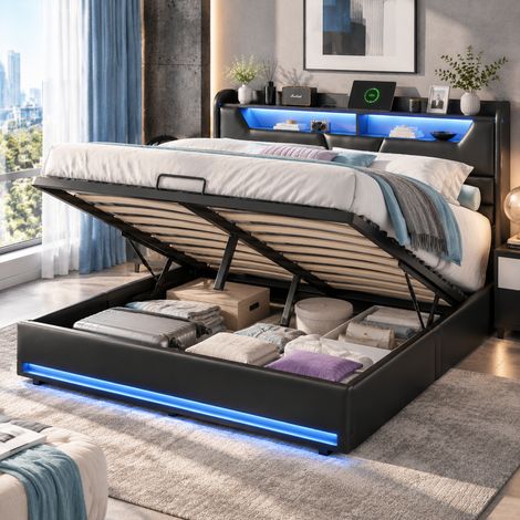 Lit coffre 160x200 cm avec sommier, lit double avec rangement hydraulique, tête de lit avec LED et USB, simili cuir noir, 340 kg, moderne (1/5)