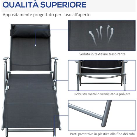 Fauteuil pliant extérieur noir 137x63,5x100,5cm avec coussin, dossier réglable 7 positions, canapé de jardin pliable