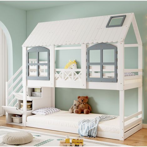 Lit superposé enfant avec toit et fenêtres, escalier de rangement, bois massif+MDF, blanc/gris, 90x200 cm (1/5)