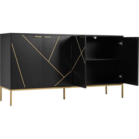 Buffet noir et doré avec 4 portes, pieds métalliques, design épuré, L 150 x P 40 x H 80 cm (1/5)