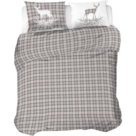 Parure de lit Double en Flanelle 100% Coton, Housse de Couette 250 x 200 cm, taie d'oreiller 52 x 82 cm, fabriquée en Italie, Lavable en Machine à 40 degrés, Motif cerf Beige (1/5)