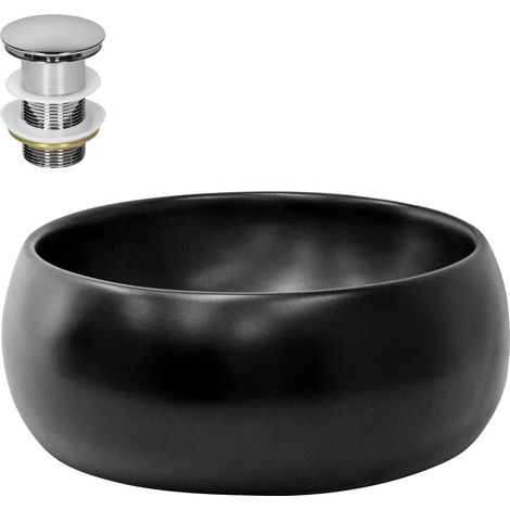 ML-Design Lavabo Redondo Ø 400 x 155 mm Negro de Cerámica Mate Fregadero para Pared o Sobre Encimera con Juego de Desagüe Cromado Lavamanos Moderno Aseo para Mueble de Baño con Agujero para Grifo