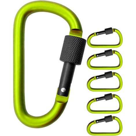 Lot de 5 grands mousquetons à vis pour fixation d'équipement, aluminium, 8 cm, vert clair, noir, lot de 5.-DOU