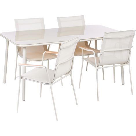 Conjunto de comedor exterior 4 plazas estructura acero tablero vidrio templado asiento malla resistente rayos UV agua beige claro Caravino