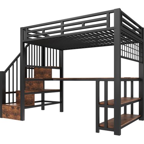 Hochbett 90 x 200 cm aus Metall und MDF, schwarz, mit Schreibtisch und Stauraum (1/5)
