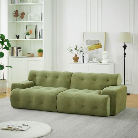 Canapé Cloud modulable 2 places 224x104x66 cm avec assise profonde 68 cm, larges accoudoirs, boutons décoratifs, sans montage, chenille, Vert (1/5)