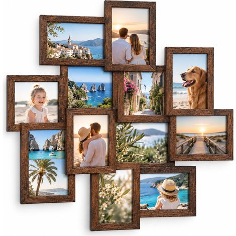 Relaxdays Marco Múltiple para 12 Fotos de 10 x 15 cm, Portafotos Collage de Pared, Madera MDF, 64,5 x 62 cm, Marrón (1/5)