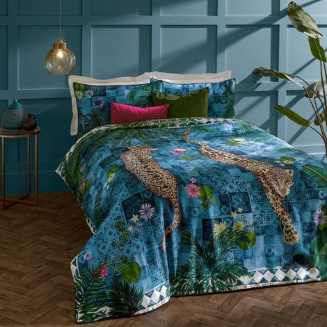 Ensemble De Housse De Couette – Réversible Marocain Botanique Léopard avec Bord Passepoilé Literie (Bleu Azur – King UK Standard – 230x220cm) (1/3)
