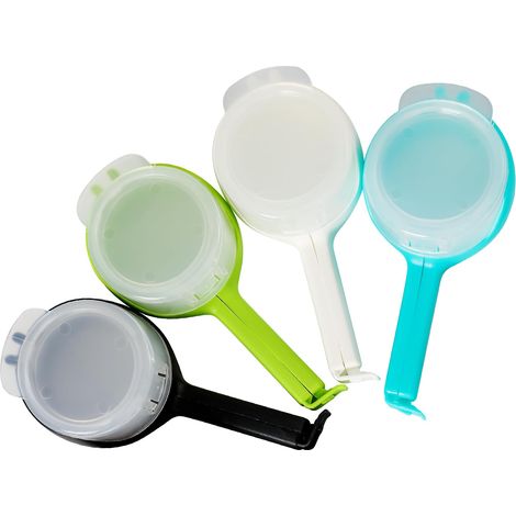 Set mit 4 Lebensmittelclips mit Ausgießer. Verschluss- und Ausgießclips für Snackbeutel (Ringe).