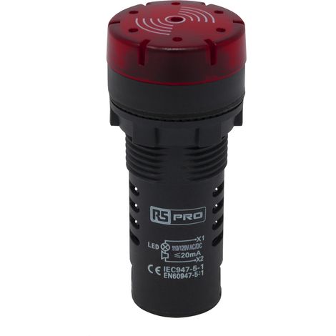Voyant lumineux complet avec sirène LED RS PRO Rouge 120 V c.a./c.c., Ø découpe 22mm, IP30 ( Prix pour 1 ) (1/4)