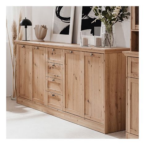 Calicosy – Buffet 4 portes 3 tiroirs 200x40x90 cm en panneaux de particules mélaminés décor chêne – Poignées en métal discrètes (1/6)