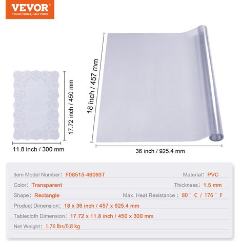 VEVOR Tischfolie Tischschutz Transparent 1,5 mm Dicke, Tischschutz-Folie PVC 457 x 925,4 mm Rechteckige Tischdecke Tischfolie Abwaschbar Verschleißfest Hitzebeständig Wasserdichte Tisch-Schutzfolie
