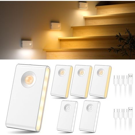 Lot De 6 Veilleuse Detecteur de Mouvement, 3 Couleurs et Luminosité Réglable, Lampe Detecteur de Mouvement Interieur, Rechargeable Veilleuse pour Escaliers, Couloirs, Salles de Bains (1/5)