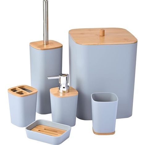TRADE SHOP - Set Accessori Bagno In Bambù 6 Pz Moderno Bidone Spazzatura Portasapone Dispenser - Grigio (1/5)