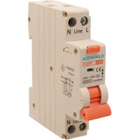 RCBO Interruttore Magnetotermico Differenziale Tipo A Curva C 1P+N 1M 6000A 30mA C20A AC 230V IP20 IEC61009-1 PL8HT GB57320