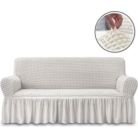 SABIR-Housse extensible pour canapé 3 places avec accoudoirs, protection pour fauteuil avec jupe, décoration de salon - Ivoire (1/4)