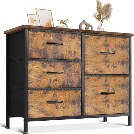 Commode 5 tiroirs tissu, 2 grands 3 petits, plateau bois, cadre acier, vintage