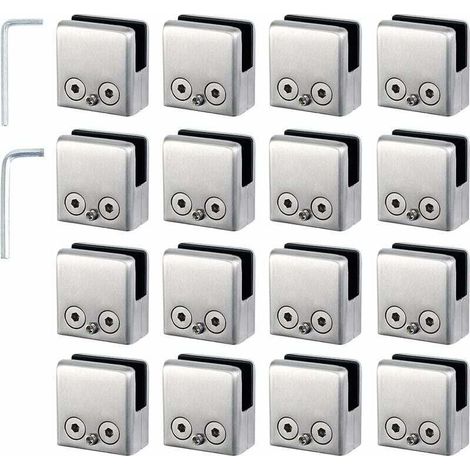 16-teiliges Set Glasklemmen (8–10 mm) – Eckige Glashalter aus Edelstahl inkl. 2 Innensechskantschlüsseln – Für Treppenbalustraden – RW Mirror Accessories