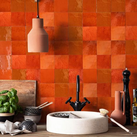 Carrelage Zellige Marocain Orange Pétillant 10x10 cm (vendu par 0,5 m²) - RO'MA NATURE (1/5)