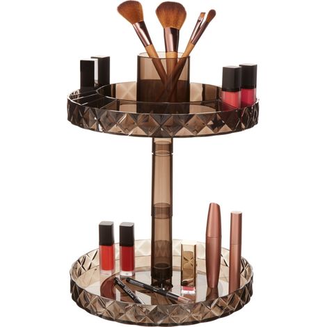 Premier Housewares Cosmetic Organiser With 2 Tier Black Round Compartments Clear Diamond Multipurpose Storage Statement Piece for Dresser / Bathroom With Rotating Base W26 X D26 X H34cm. (1/4)