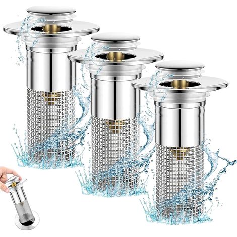 Paquete de 3 tapones universales para fregadero de 34-40 mm (filtro de pelo, retención de agua y drenaje) para baño, cocina y bañera.