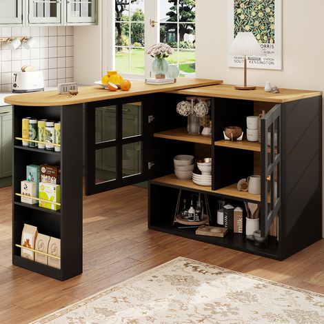 Mueble bar extensible con 2 puertas de vidrio, 5 estantes y giro 360°, para salón o comedor, 138×39×102,5 cm