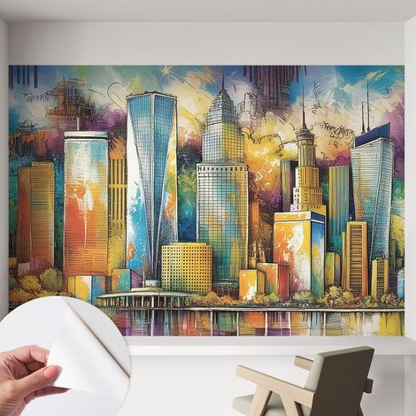 Selbstklebend Tapete - abwaschbar - Raumgestaltung Schlafzimmer Wohnzimmer Tapete Stadtpanorama 152x104 cm (1/5)