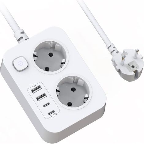 Multiprise avec interrupteur, 2 prises multiprises avec USB, adaptateur de prise 6 en 1 avec 2 USB-C et 2 USB, rallonge de 2 m, protection contre les surtensions, prise universelle pour la (1/5)