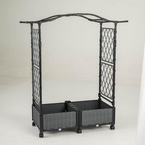 COSTWAY Jardinière avec 2 Treillis Latéraux Toit Suspendu, Lit de Jardin Surélevé à Arrosage Automatique en Rotin avec roulettes Verrouillables, pour Plantes Grimpantes Légumes (Gris) (1/5)