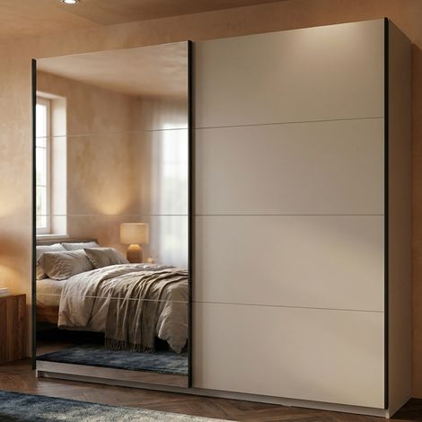 Große-Seen-Garderobe, Schlafzimmer-Schrank, Kleiderstange, 2 Böden, Schiebetür, 245x217,5h cm Cremeweiß (1/5)