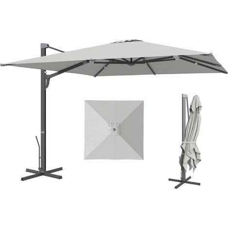 Parasol déporté à manivelle et pied en croix, en polyester, aluminium et métal, 365 x 297 x 256 cm, gris clair (1/5)
